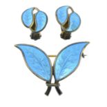 A pair of Norwegian blue enamel clip-on earrings and a matching brooch, by David Anderson.