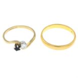 (26326) A 9ct gold sapphire and diamond ring and a 22ct gold band ring.