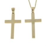 A 9ct gold cross pendant, suspended from a 9ct gold chain, together with a 9ct gold cross pendant.