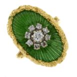 A brilliant-cut diamond cluster and green enamel dress ring.