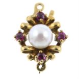 A 9ct gold ruby and cultured pearl clasp.