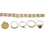 (25968) Four 9ct gold rings, a 9ct gold bracelet and a 1/10 Krugerrand coin pendant.