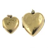 A pair of 9ct gold earrings and two engraved heart lockets.