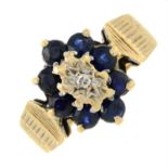 A 9ct gold sapphire and diamond cluster ring.