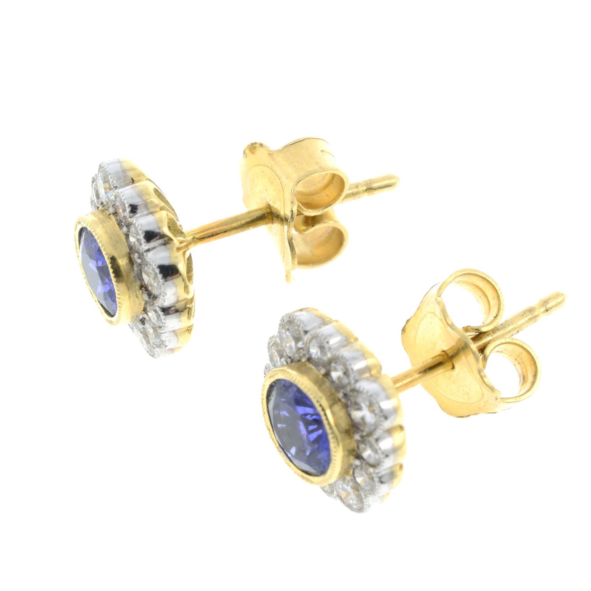 A pair of 18ct gold sapphire and diamond cluster earrings. - Image 2 of 2