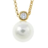 An 18ct gold cultured pearl and diamond pendant, with chain.