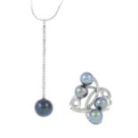 Two items of dyed cultured pearl and diamond jewellery, comprising a ring and a necklace.