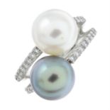 An 18ct gold diamond and cultured pearl ring, by Schoeffel.