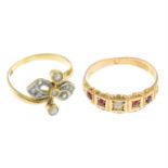 A late Victorian 15ct gold imitation pearl and garnet ring, and a split pearl and diamond ring.