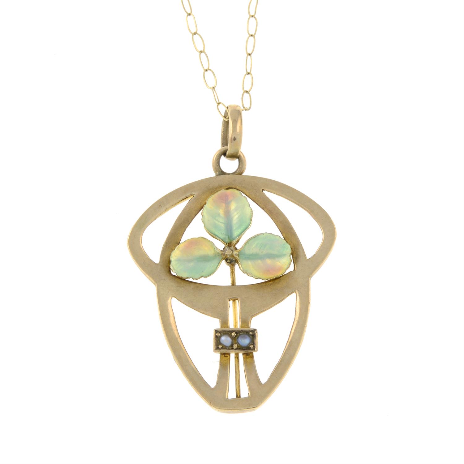 An Art Nouveau enamel and split pearl pendant, suspended from a chain.