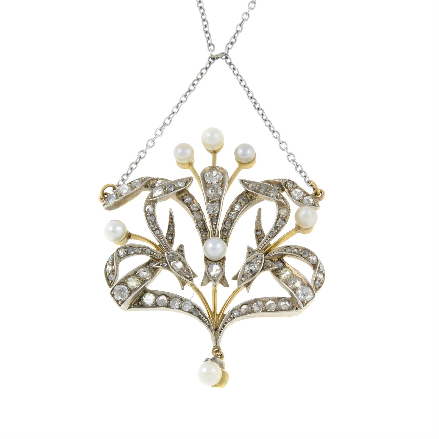An early 20th century gold vari-cut diamond and cultured pearl pendant, suspended from a later