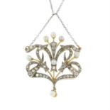 An early 20th century gold vari-cut diamond and cultured pearl pendant, suspended from a later