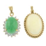 A dyed jade and cubic zirconia pendant together with an opal pendant.