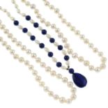 Two cultured pearl necklaces, a lapis lazuli and cultured pearl necklace and a pair of cultured