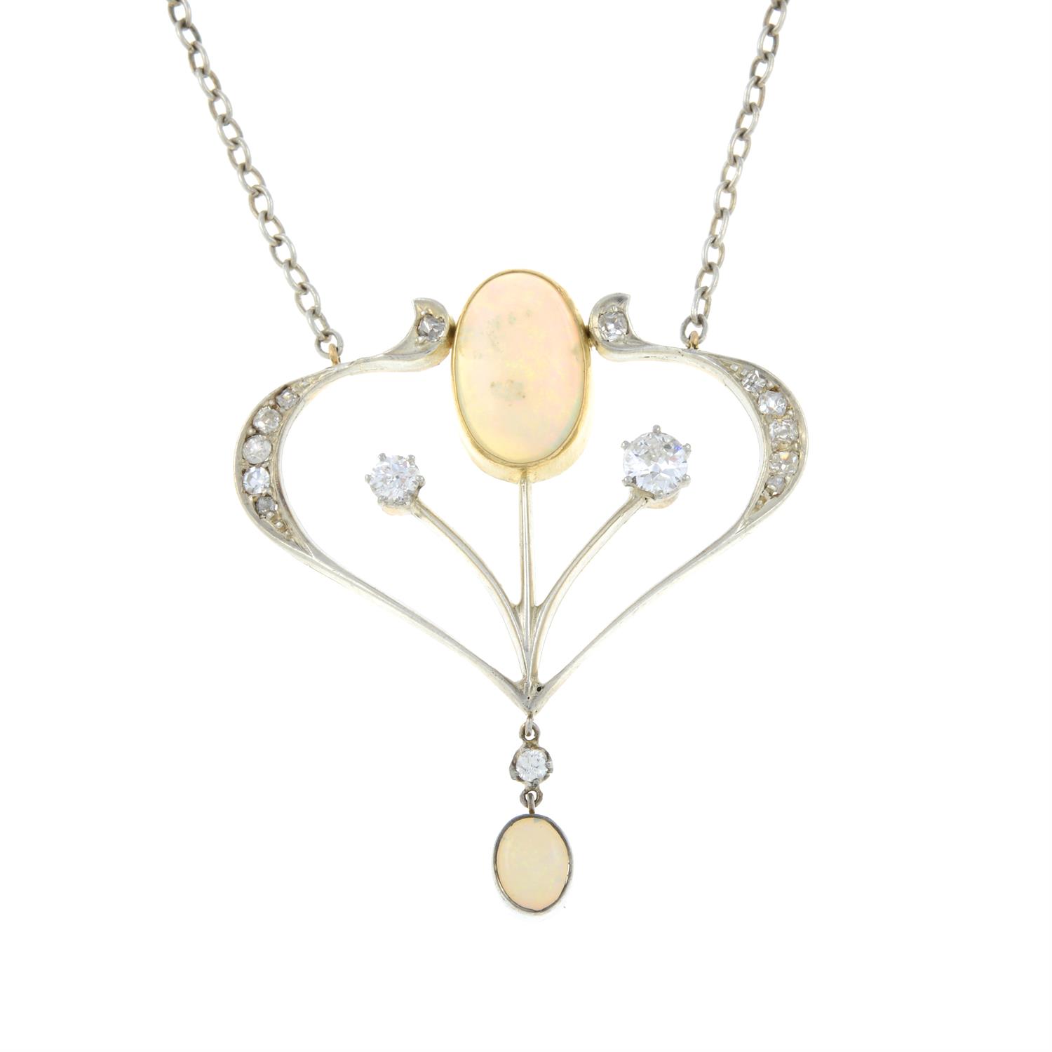 An early 20th century opal and old-cut diamond pendant necklace.