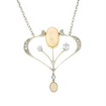 An early 20th century opal and old-cut diamond pendant necklace.