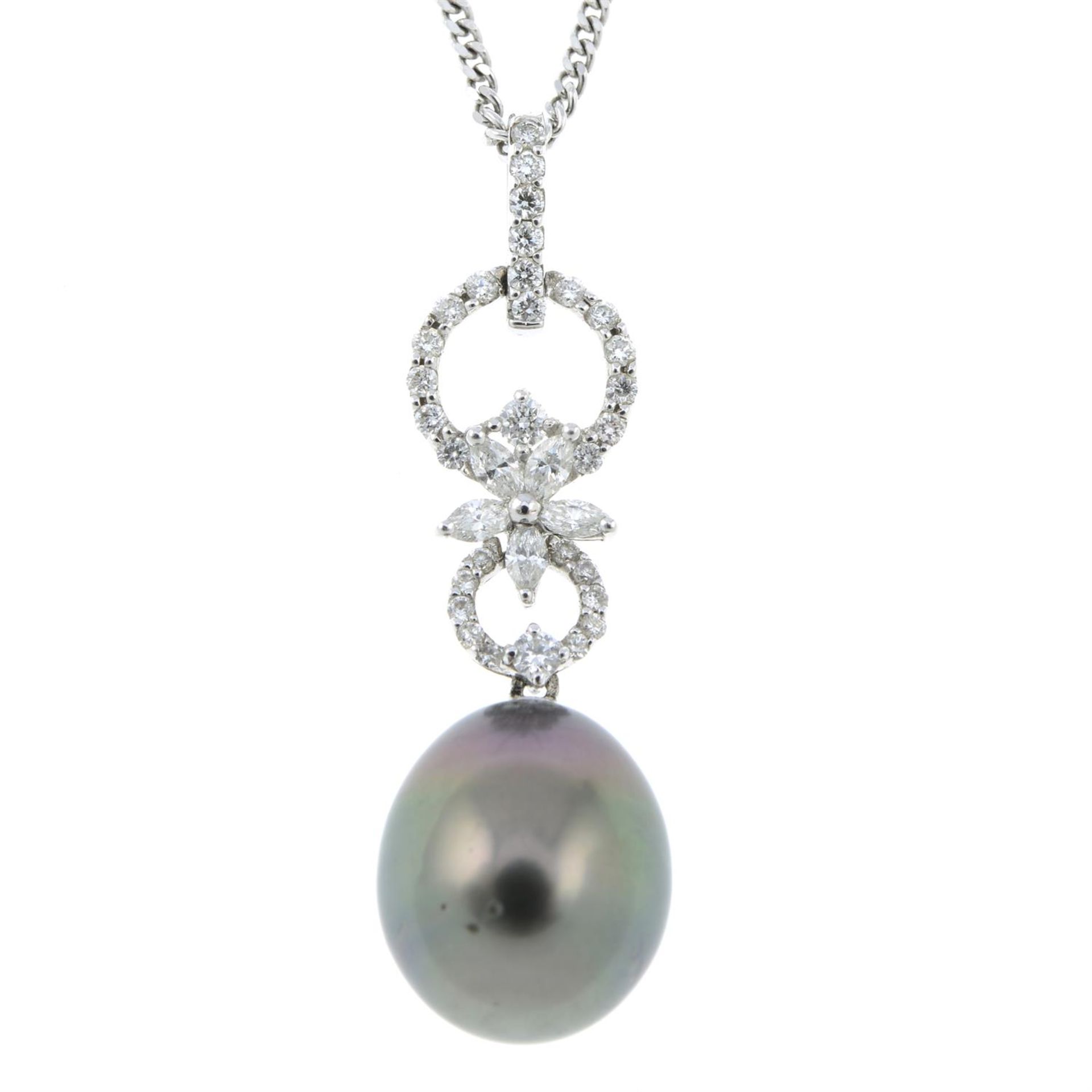 A cultured black pearl and diamond pendant with 18ct gold chain.