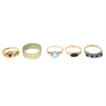 Four 9ct gold rings, together with a further band ring. One AF.