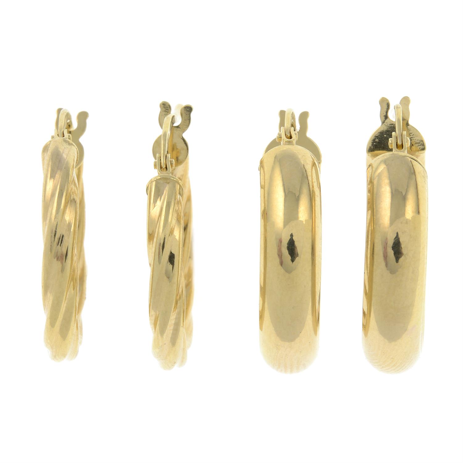 Six pairs of 9ct gold hoop earrings.