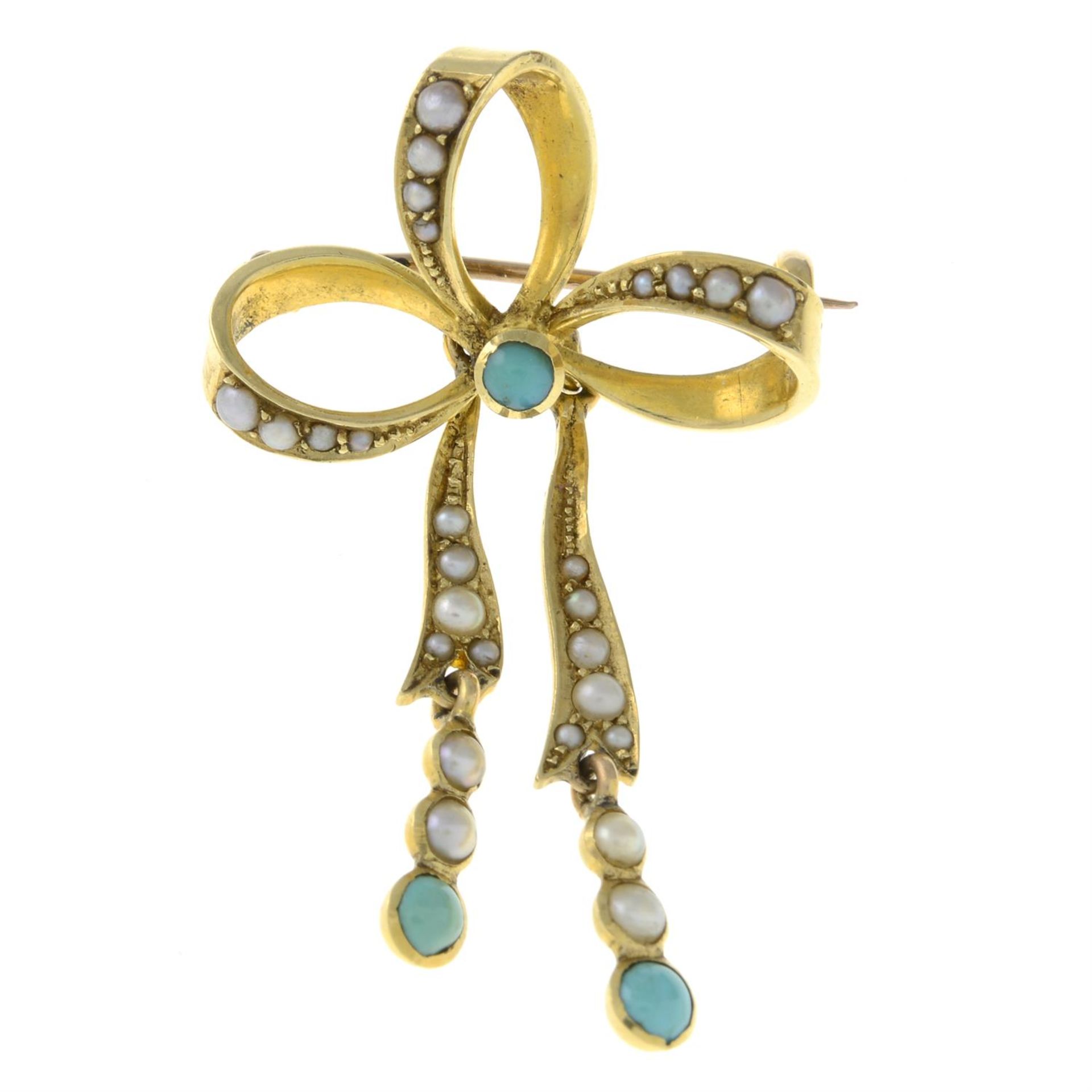 An early 20th century split pearl and turquoise bow brooch.
