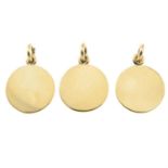 Three 9ct gold circular tag pendants.