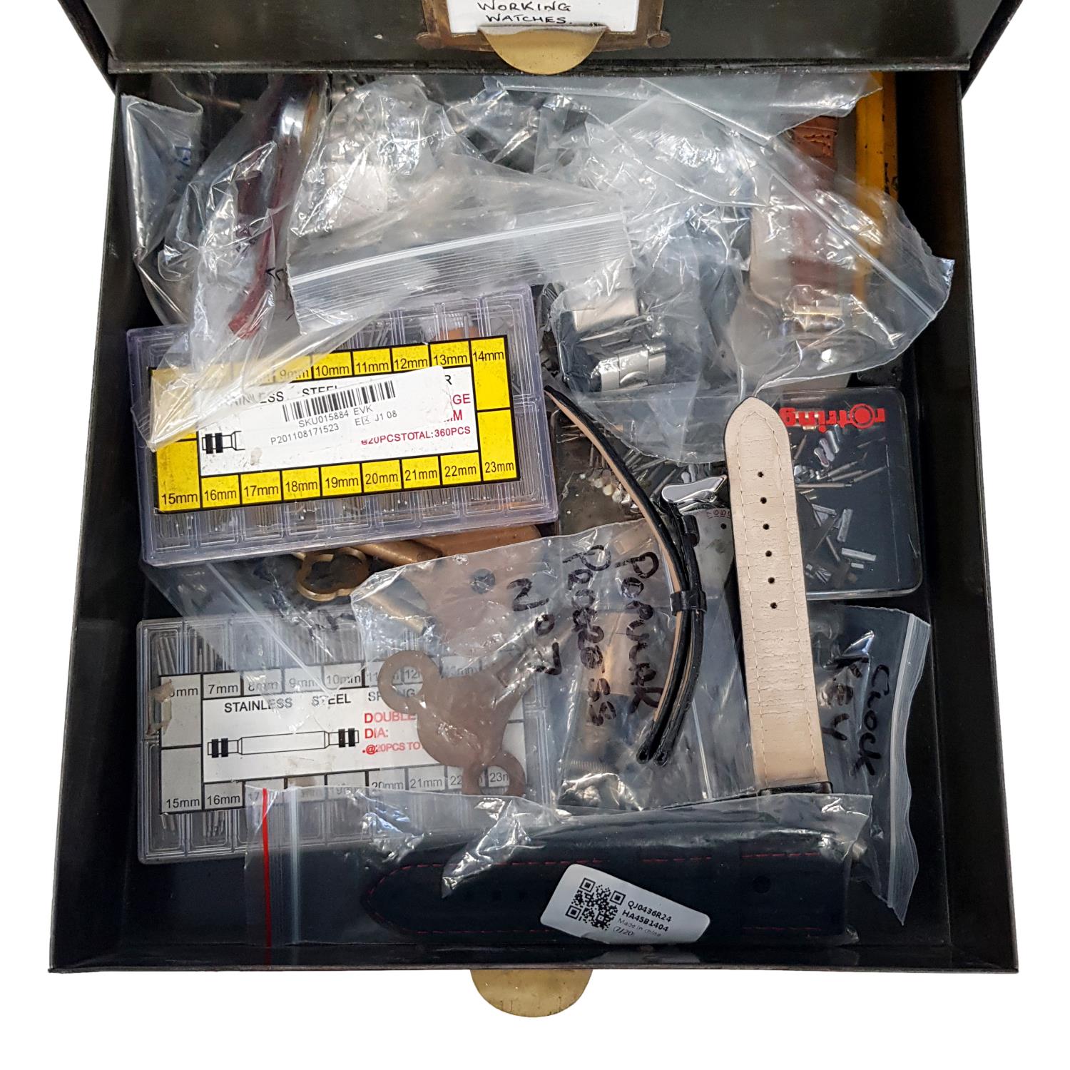 A metal watch repairers cabinet with assorted parts, - Image 4 of 6