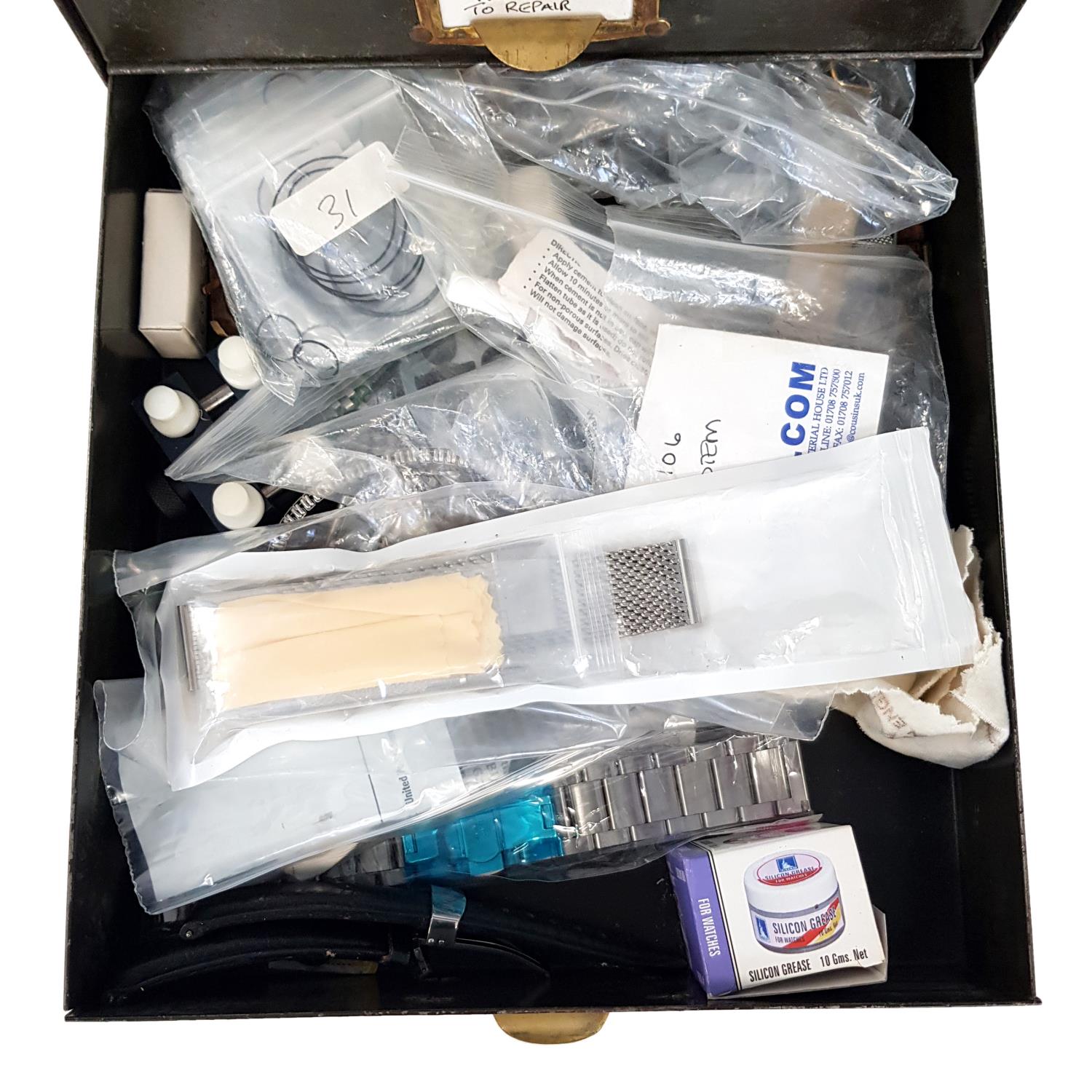 A metal watch repairers cabinet with assorted parts, - Image 5 of 6