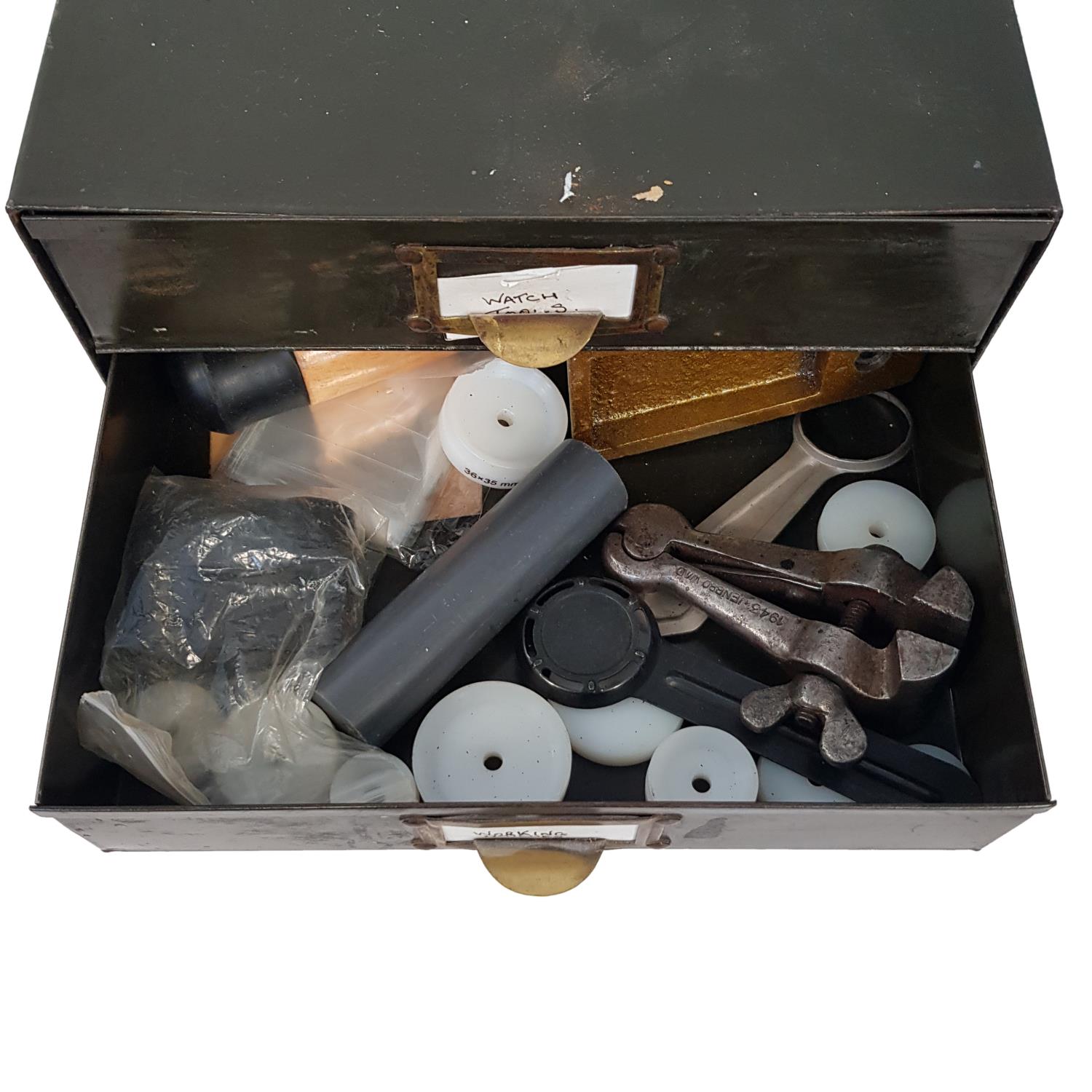 A metal watch repairers cabinet with assorted parts, - Image 3 of 6