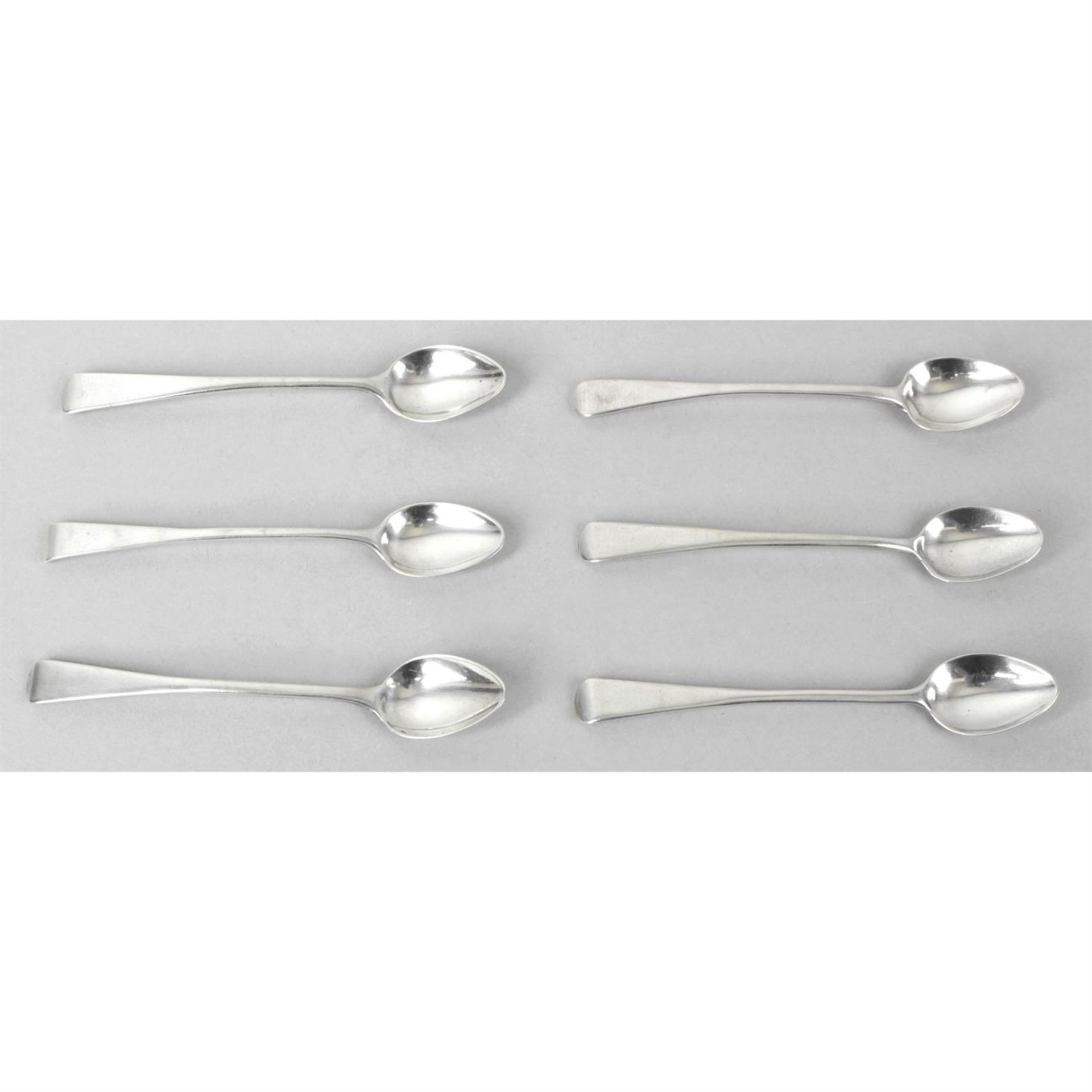 Six George IV and Victorian Old English pattern silver coffee spoons.