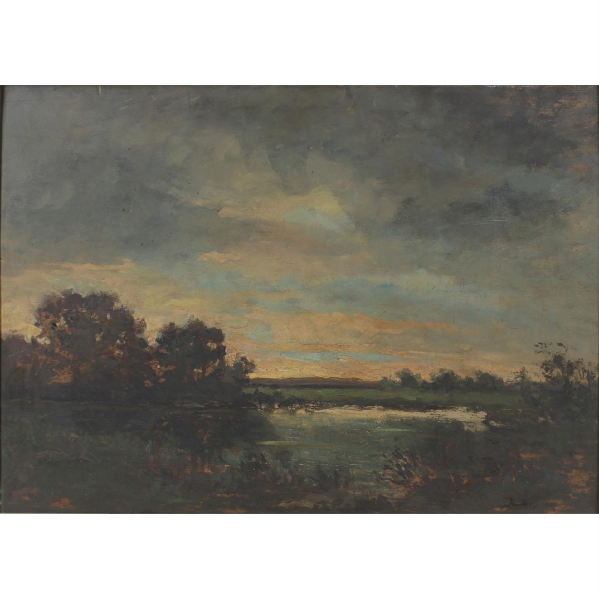 Charles Francois Daubigny (1817 - 1878), "Sunset over Stream", oil on panel