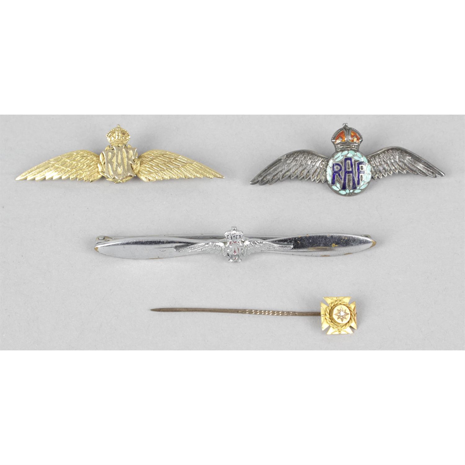 A gold sweethearts brooch formed as a pair of RAF wings, a similar silver example, etc.