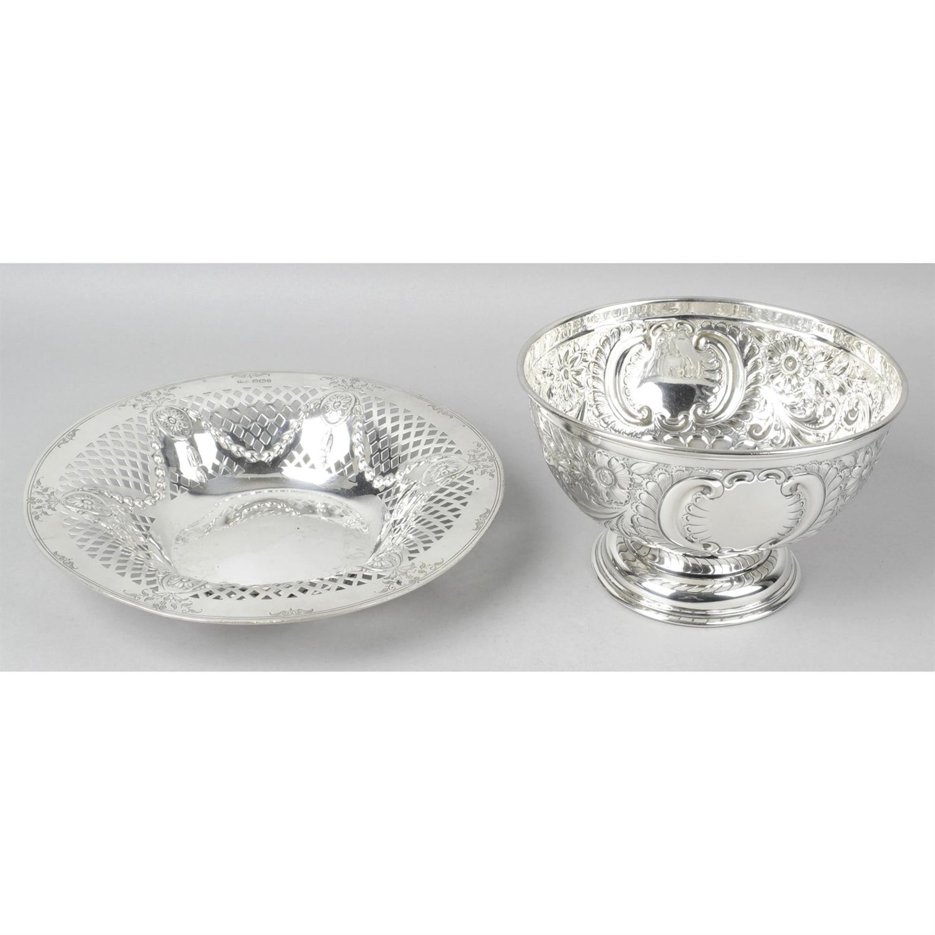 An Edwardian silver rose bowl, together with a late Victorian pierced silver dish. (2).