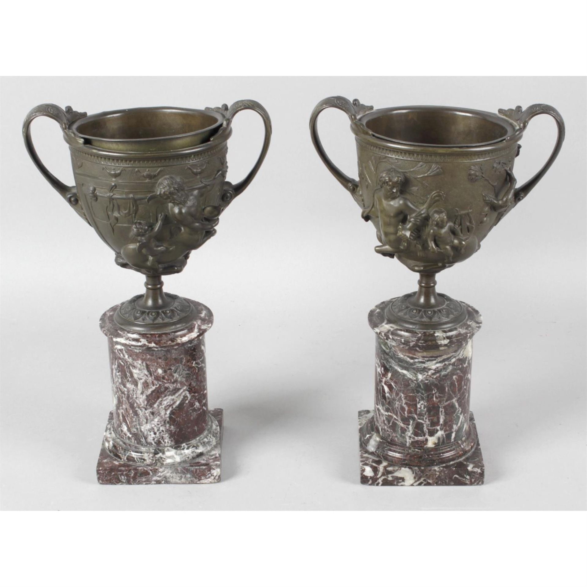 A pair of 19th century bronze kantharos grand tour souvenir vases.