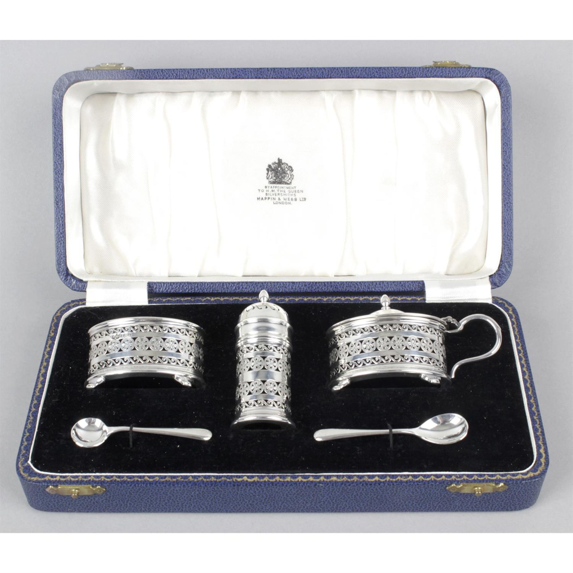 A cased mid-20th century silver three piece condiment set, by Mappin & Webb.