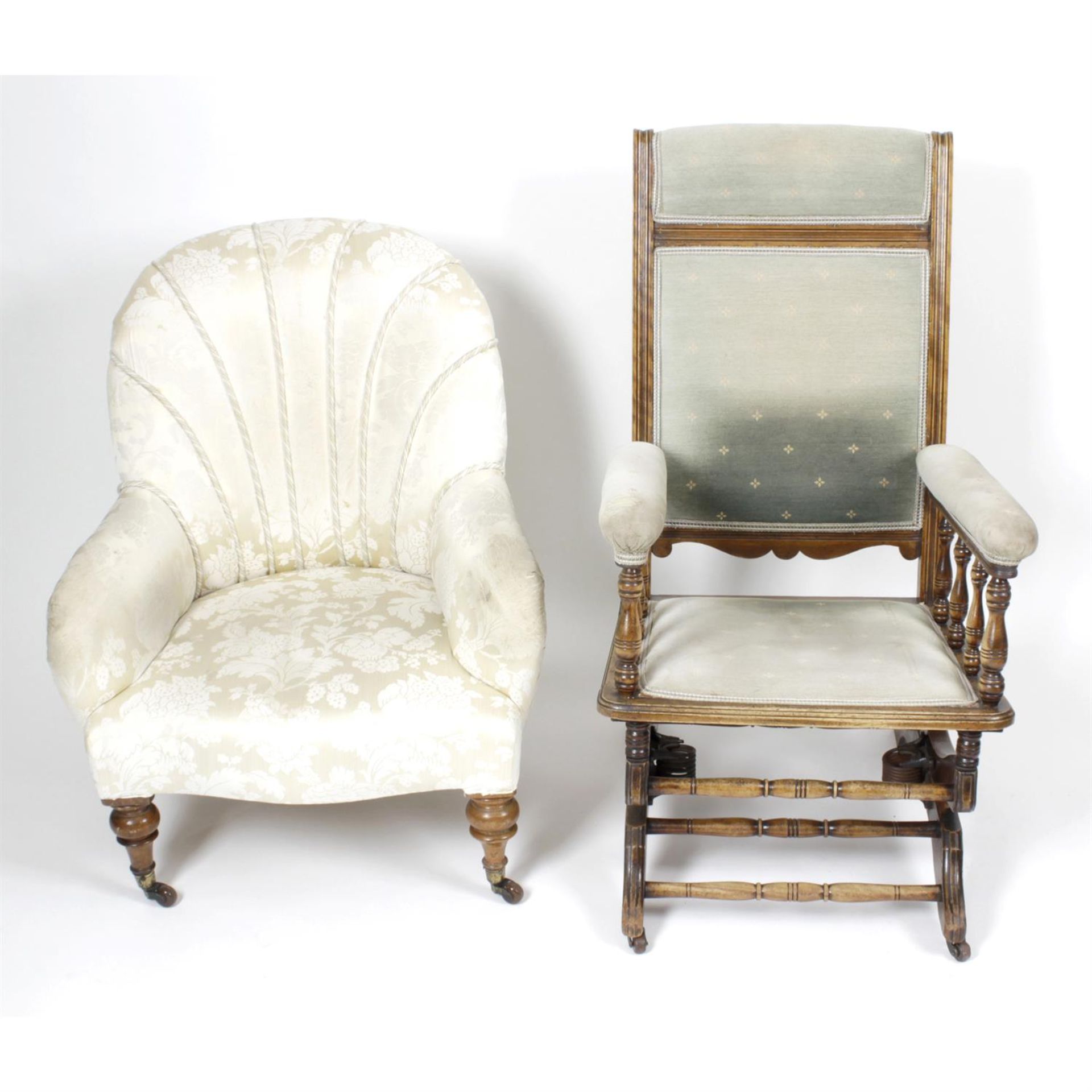 An early 20th century stained wooden framed American style rocking chair and similar nursing chair.