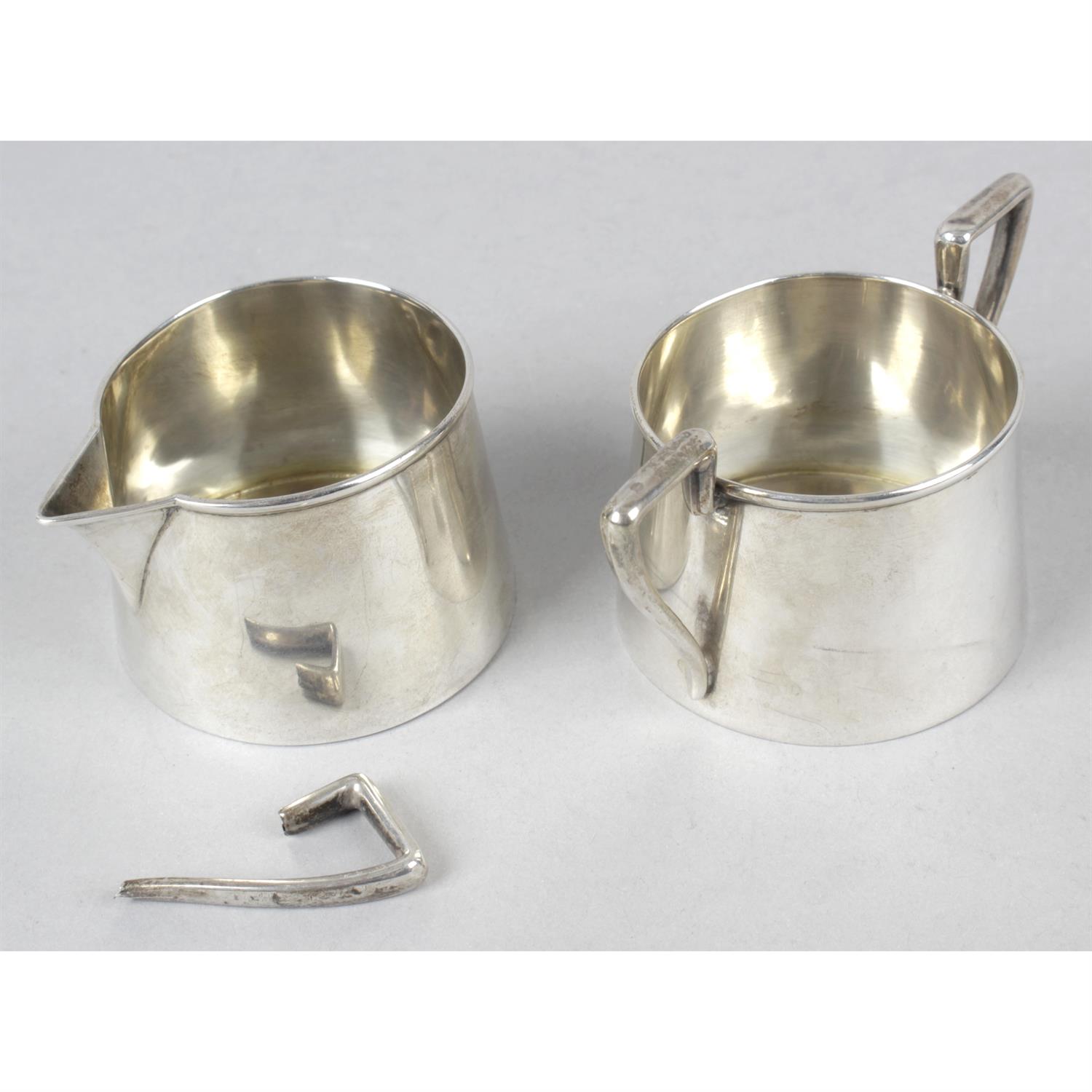 Two silver mustard pots (missing liners), a sugar bowl and cream jug (a.f) and two Italian beakers; - Image 3 of 8