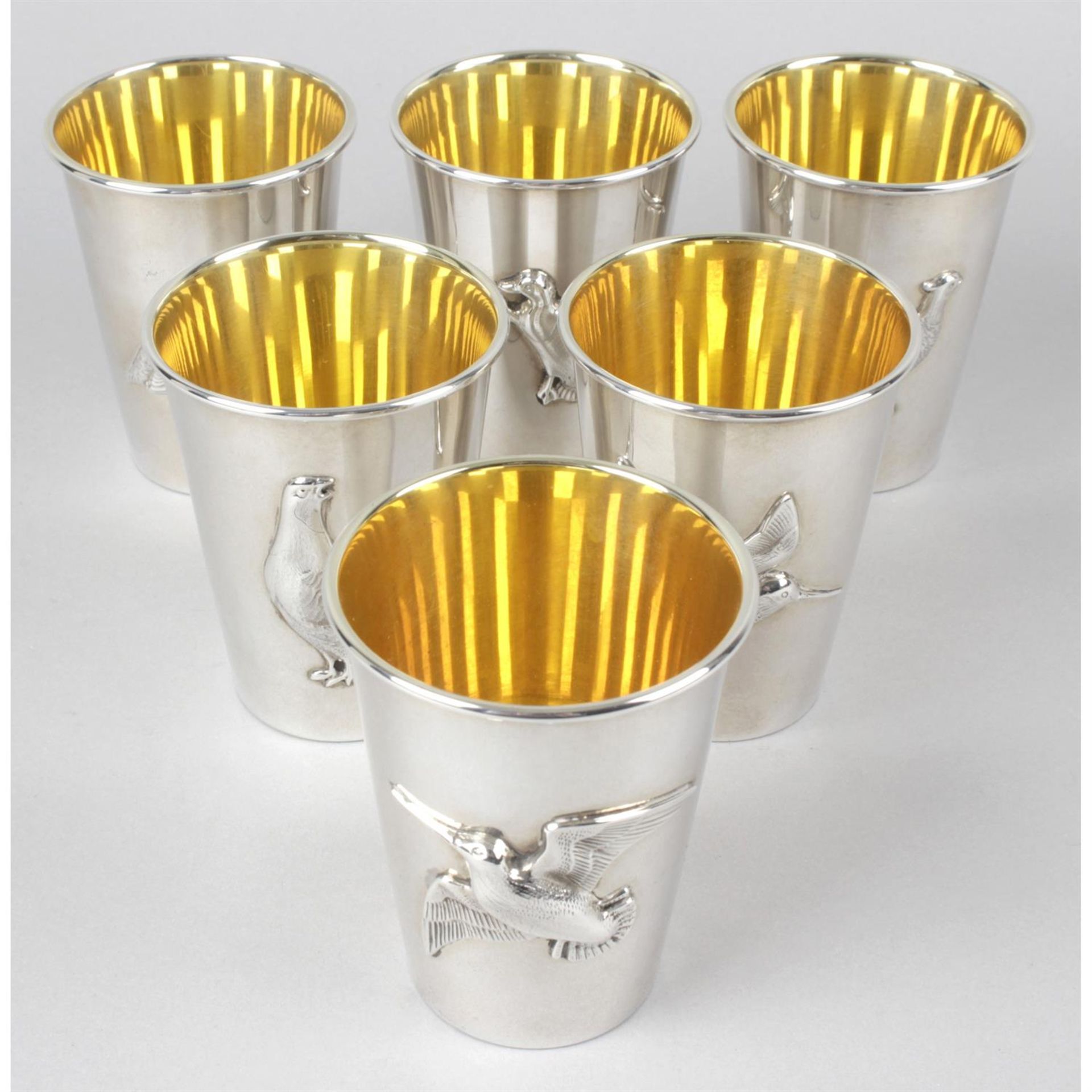 A modern cased set of six silver game bird cups.