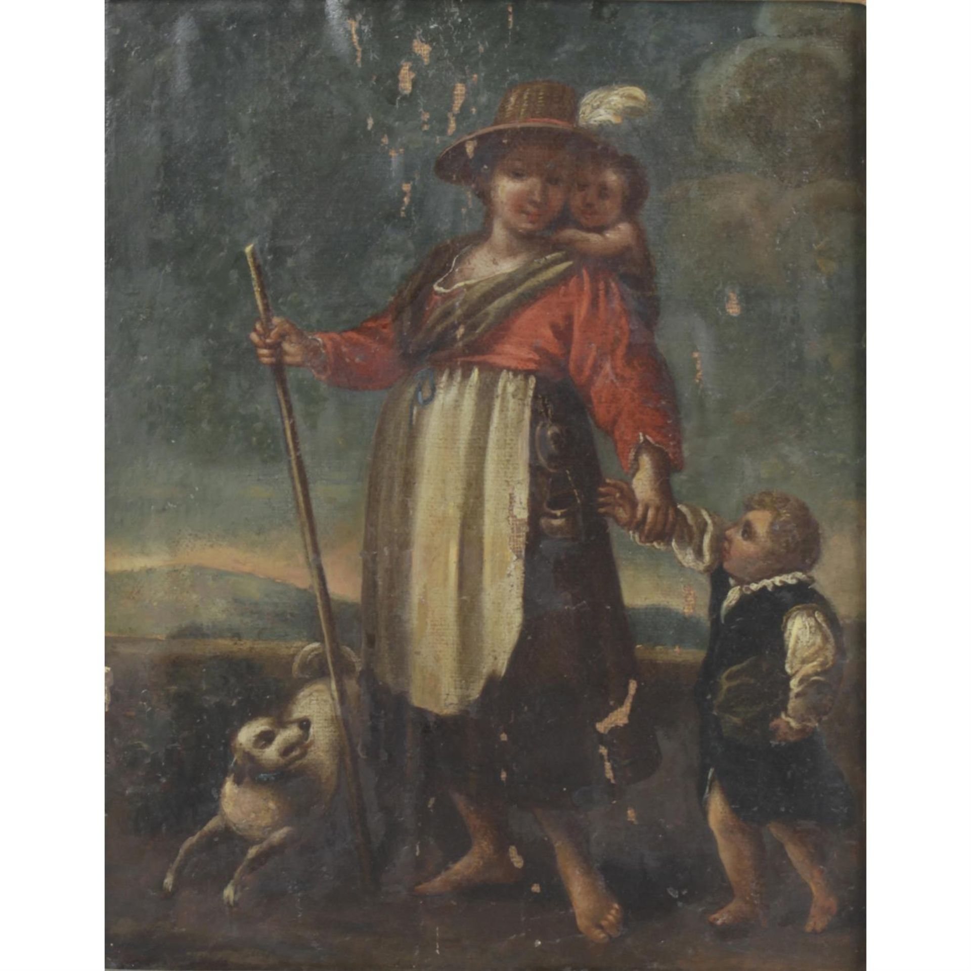 Oil on canvas laid upon board depicting a family group with mother, children and dog.