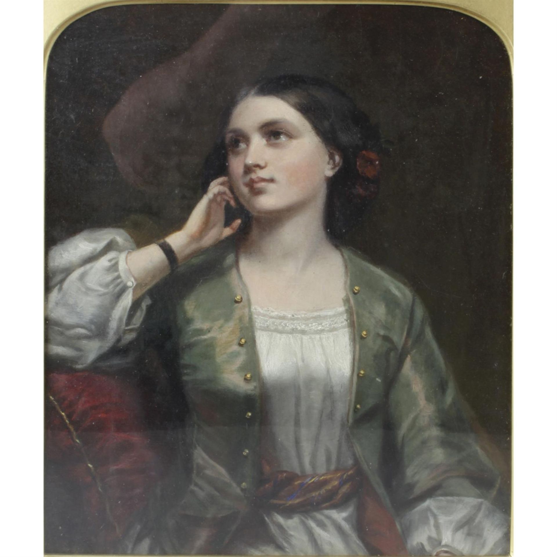 19th century oil painting on canvas, half length portrait of a young lady