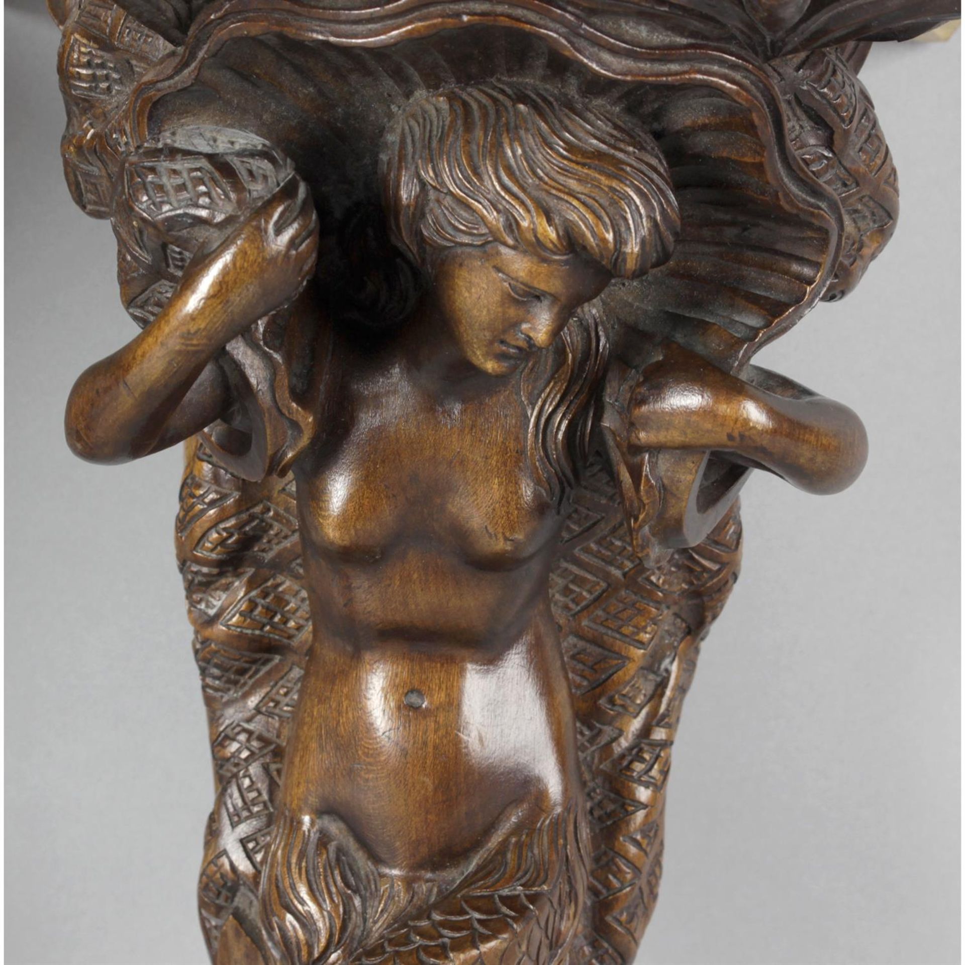 A pair of 19th century carved wooden corbels modelled as a mermaid and merman. - Image 2 of 4