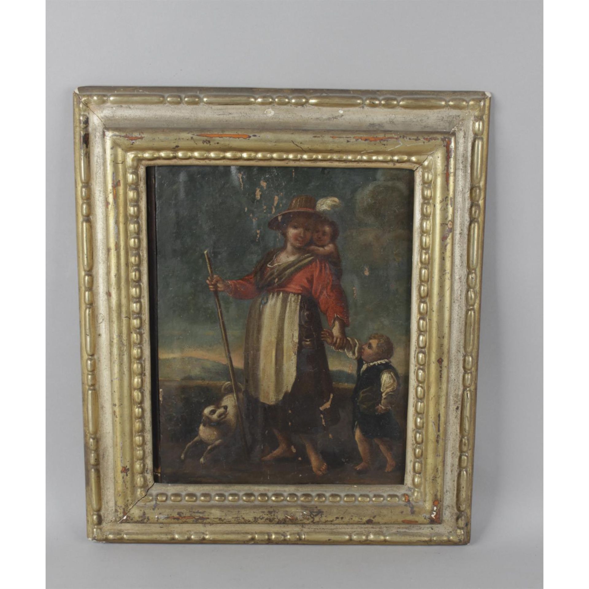 Oil on canvas laid upon board depicting a family group with mother, children and dog. - Image 2 of 2