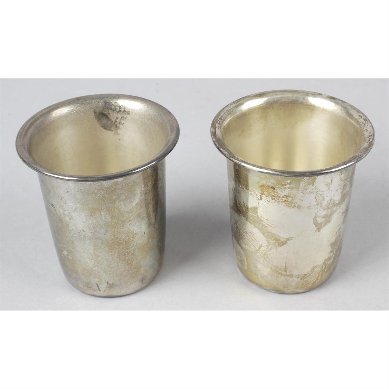 Two silver mustard pots (missing liners), a sugar bowl and cream jug (a.f) and two Italian beakers; - Image 5 of 8