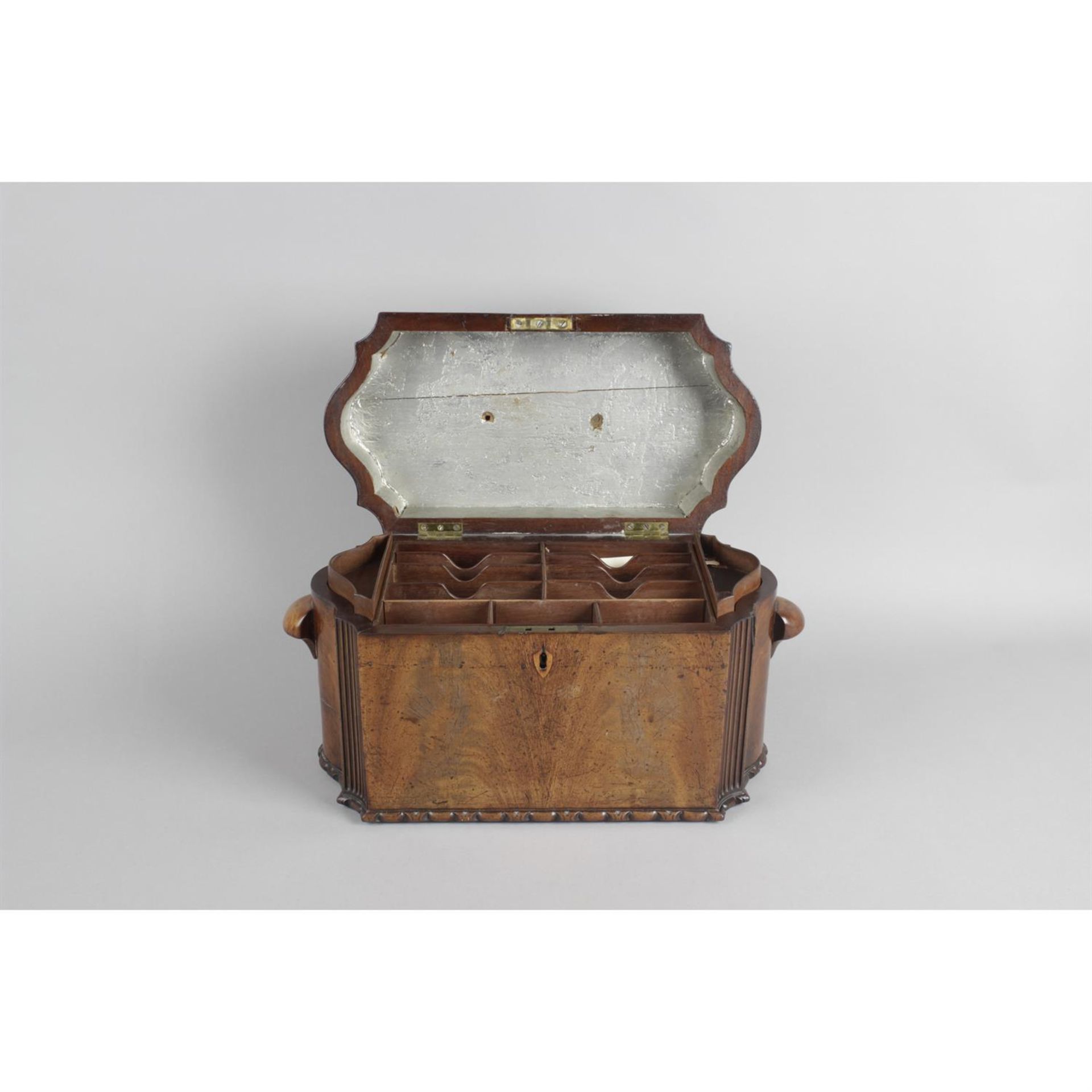 A 19th century mahogany veneered tea caddy, together with an Edwardian inlaid mahogany book trough. - Image 2 of 2