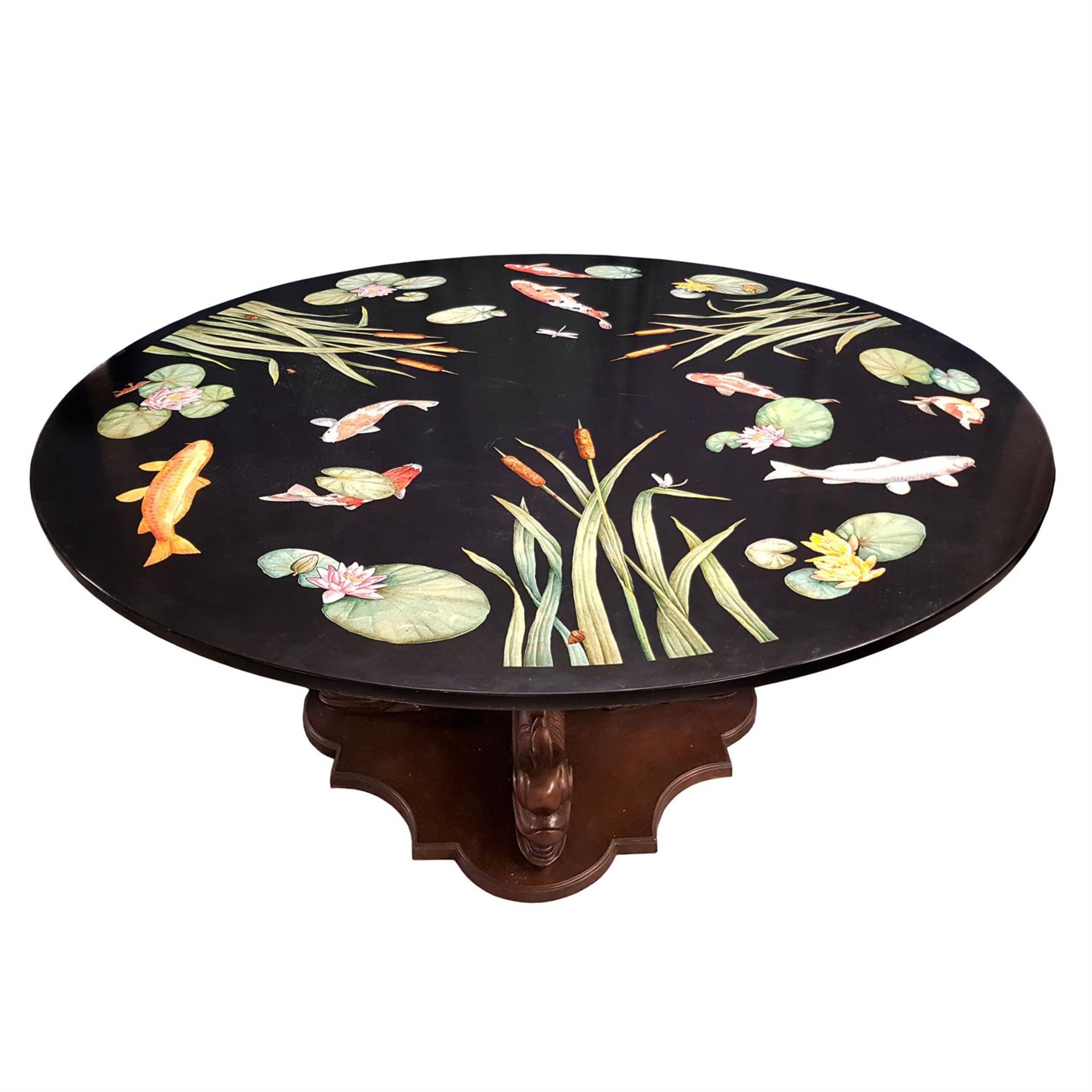 A reproduction black slate centre table, with infilled and painted pietra dura-style decoration of