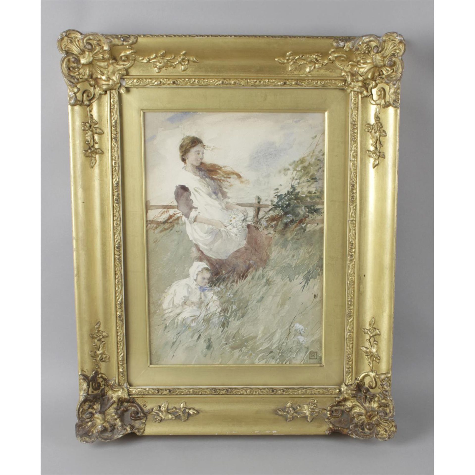 Early 20th century watercolour of a woman and child gathering flowers - Image 2 of 3