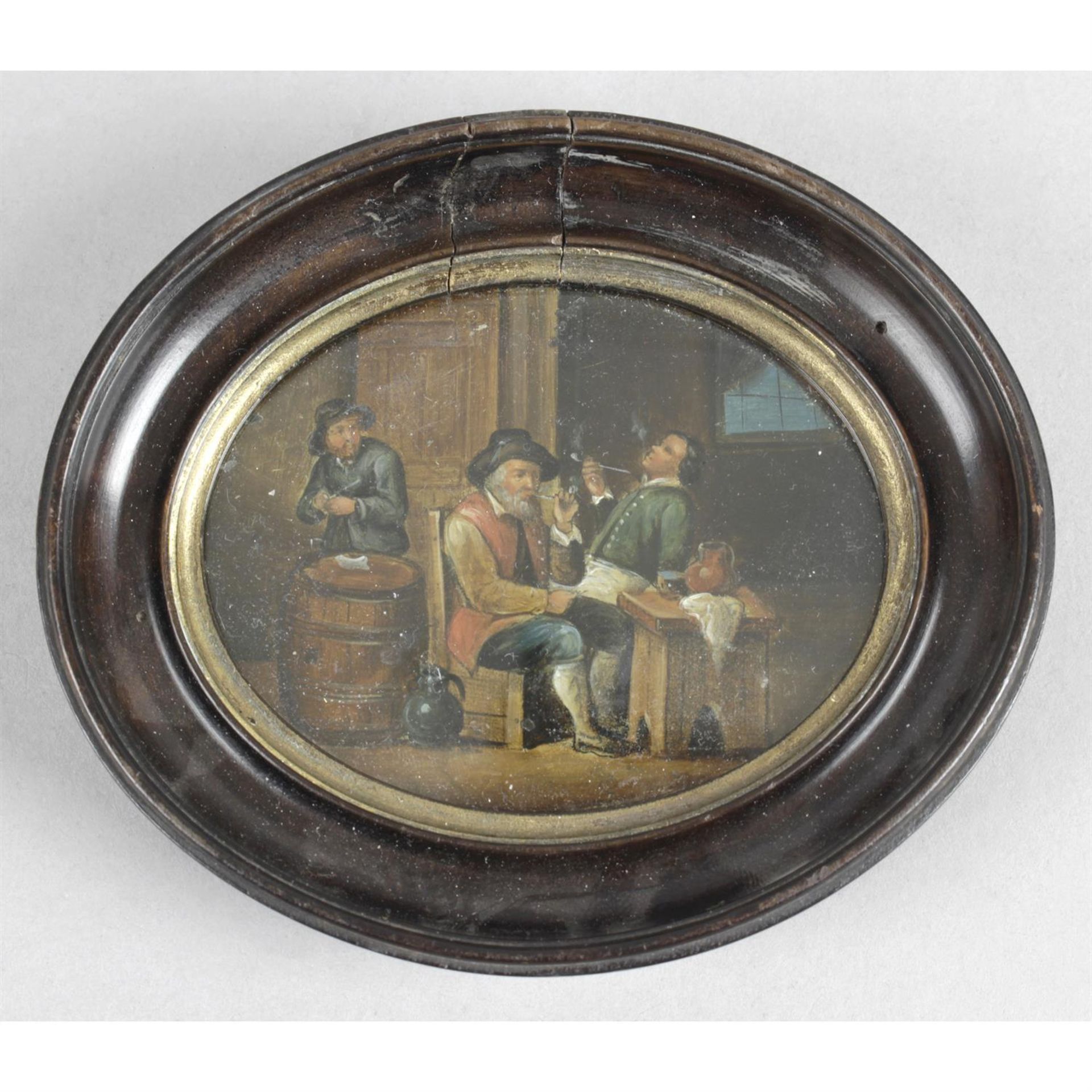 19th century miniature oil painting on board, depicting figures smoking pipes.