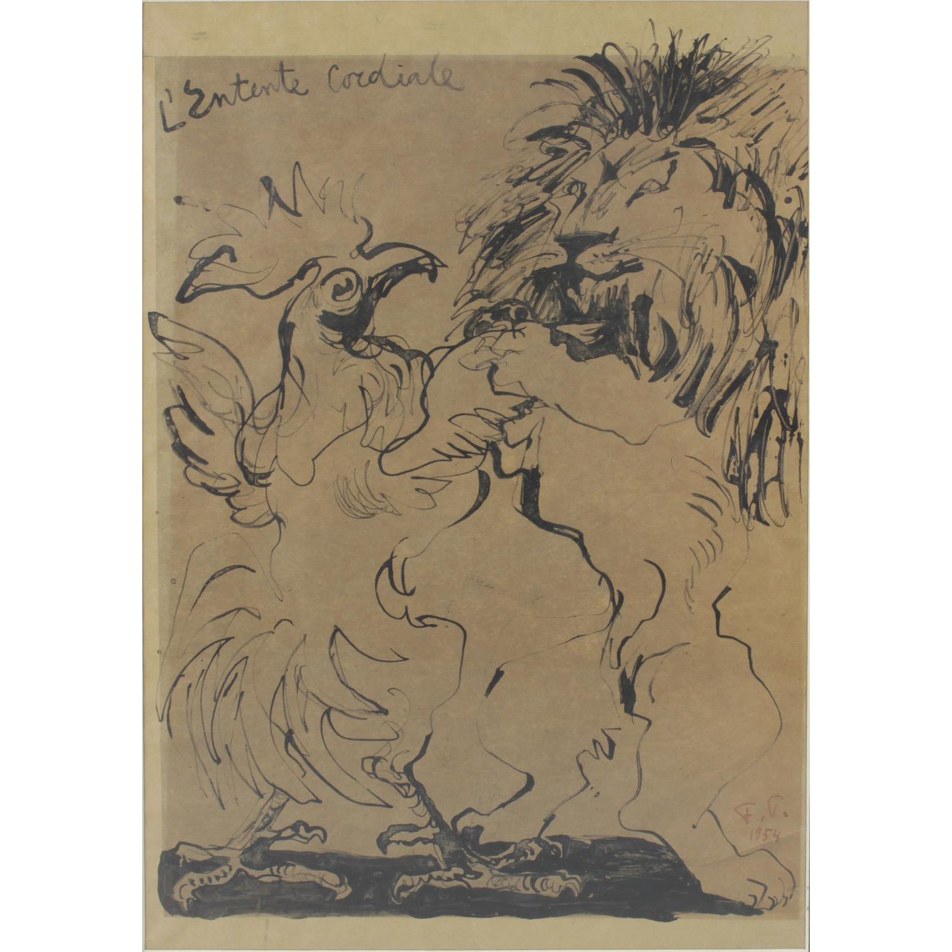 F. Topolski (1907 - 1989), "L'entente Cordiale", framed and glazed book or folio page.