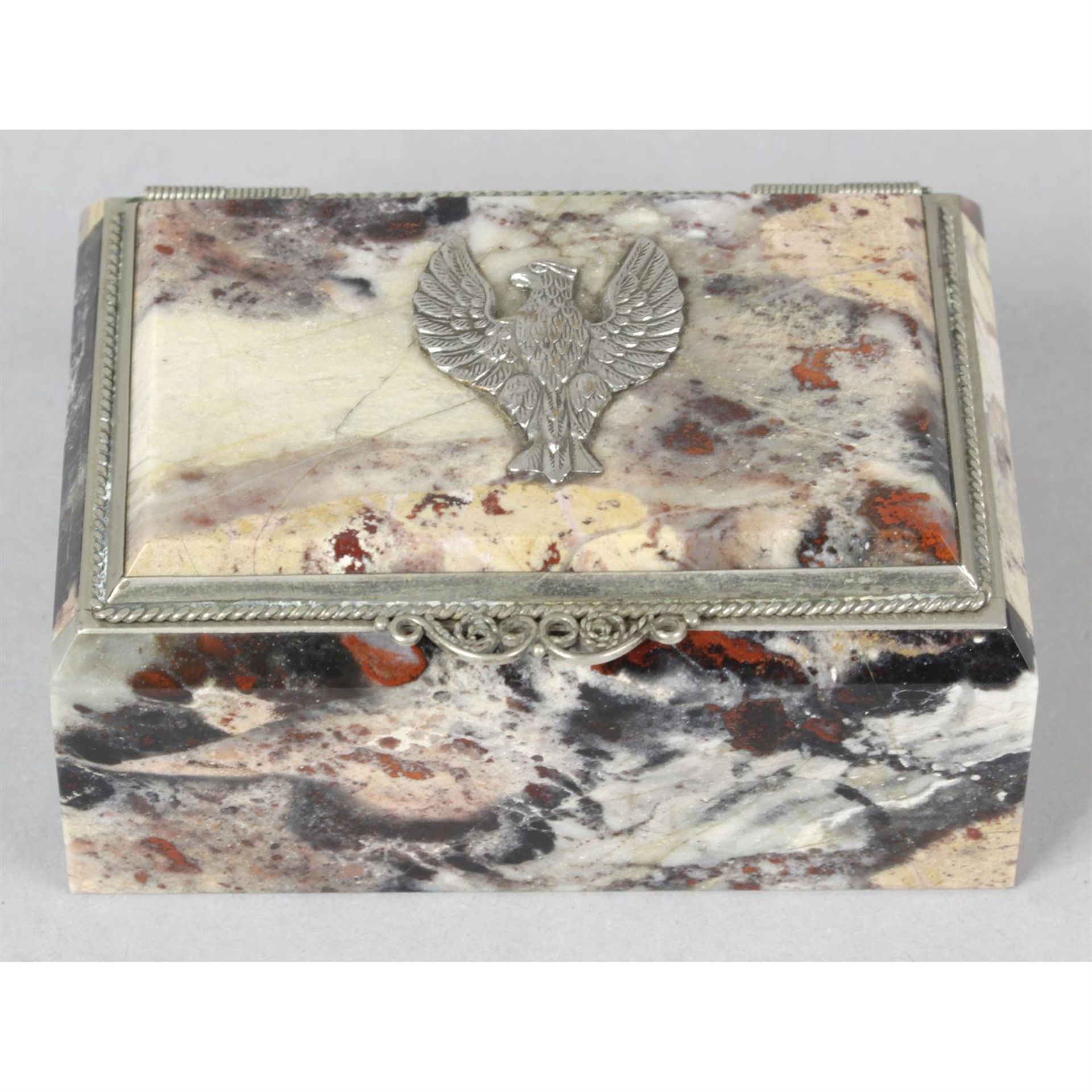 A marble and white metal mounted trinket box.