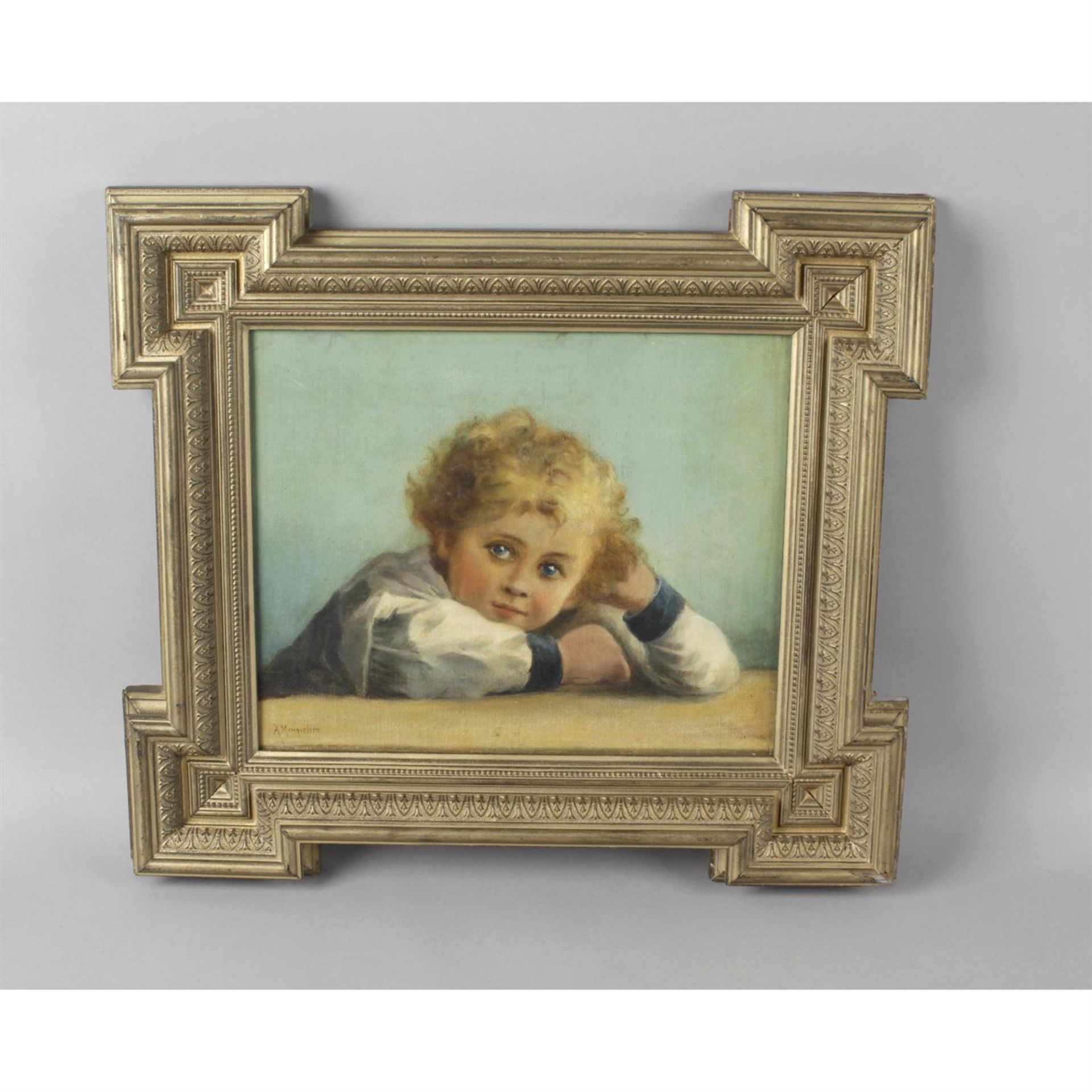 A. Mangredien (19th century), oil painting on canvas, signed portrait of a young child - Image 2 of 2