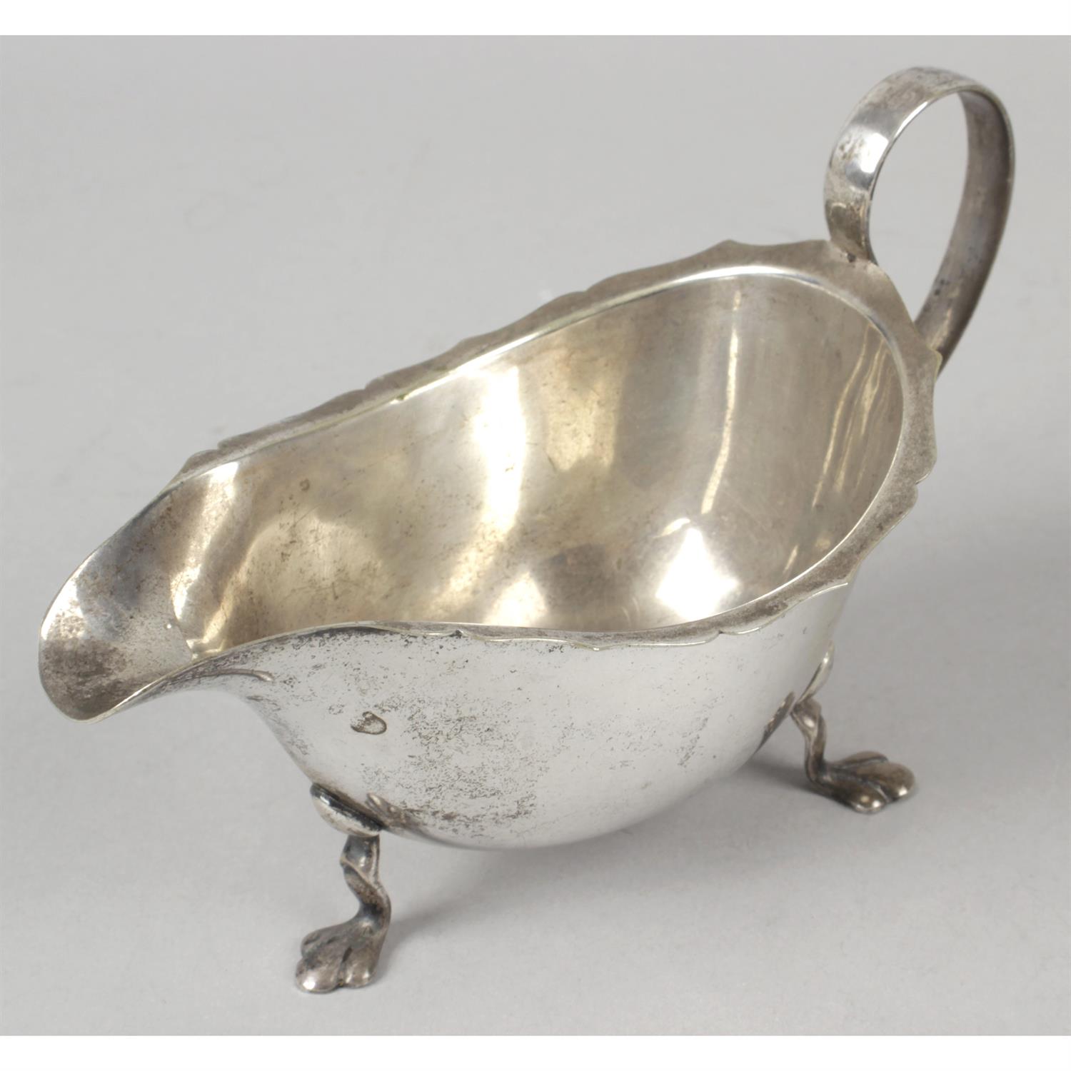 Two silver mustard pots (missing liners), a sugar bowl and cream jug (a.f) and two Italian beakers; - Image 7 of 8